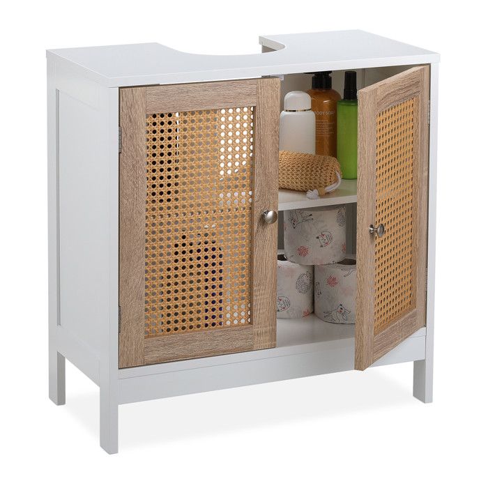 Relaxdays Meuble sous lavabo 60 cm de large 2 compartiments espace tuyauterie portes effet rotin blanc/naturel