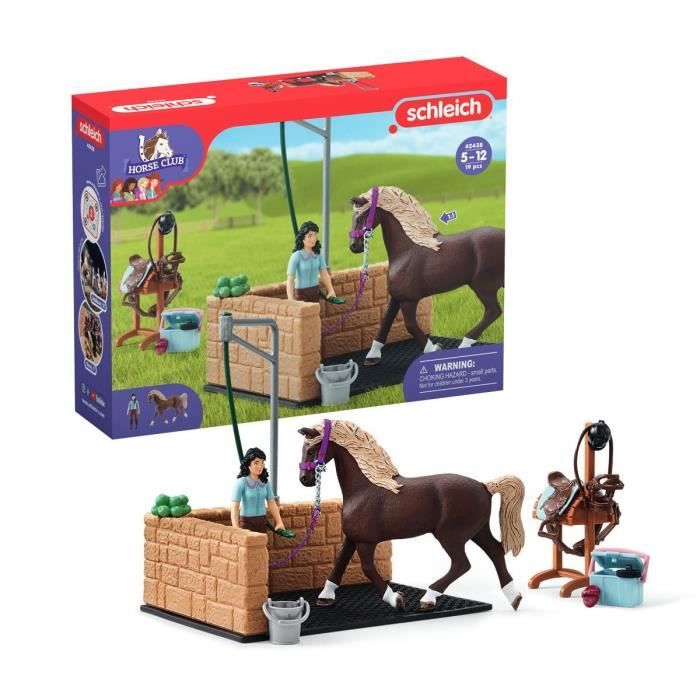 box de lavage pour chevaux emily et luna, coffret schleich avec 19 éléments inclus dont 1 cheval schleich, coffret figurines écurie