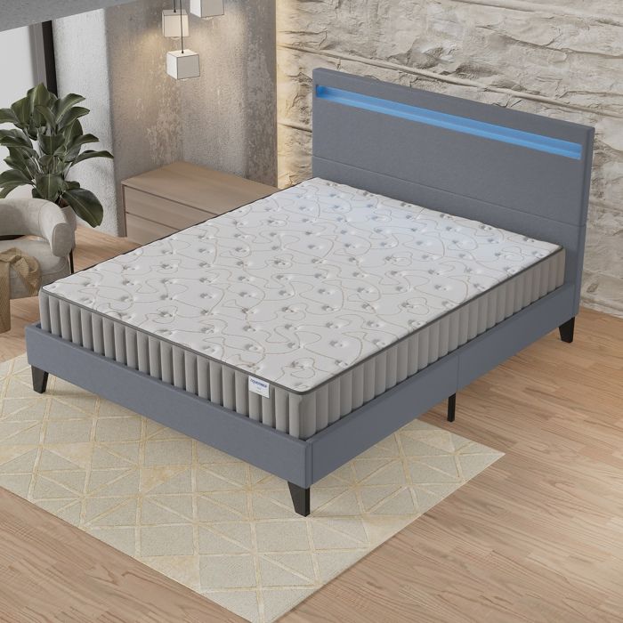 Ensemble MATELAS + LIT (160 x 200cm) Orionis 22cm Mémoire de forme & Mousse HDensité + Sommier stable & tête de lit LED Gris