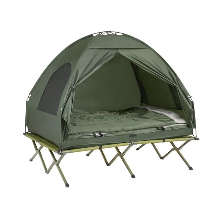 SoBuy® OGS32-L-GR 4-in-1! 2 Places Lit de camp pliant Voyage Camping avec toit, sac de couchage, matelas gonflable, sac de