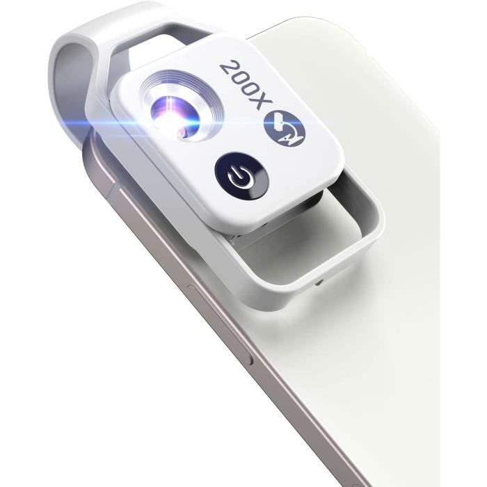 Lentille Microscope Pour Téléphone 200x – Avec Lumière LED Et Filtre CPL, Clip Universel (71-105 Mm), Portable