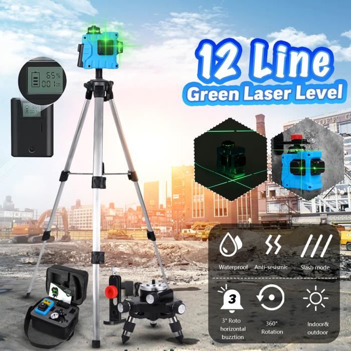 Ligne laser 3D de niveau 12 Niveau laser vert /à mise /à niveau automatique avec tr/épied niveau laser rotatif /à 360 degr/és Ligne horizontale commutable