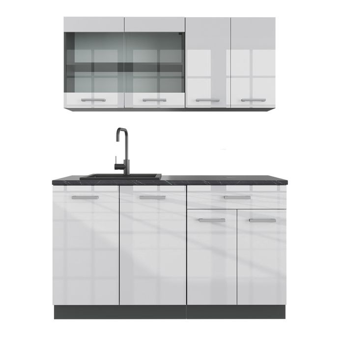 Cuisine R-Line, 200 cm , PT Marbre, Noir brillant/Chêne doré, Vicco