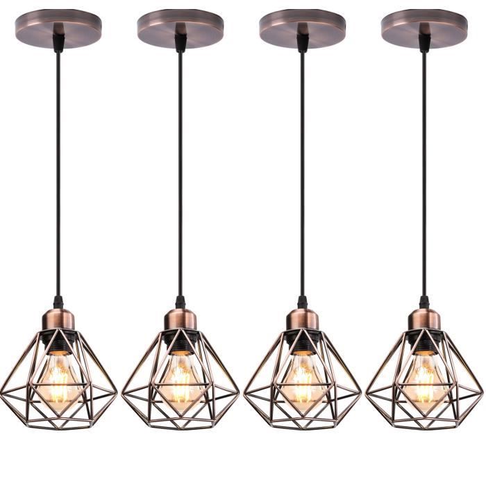 UNI 4PCS Lustre Suspension E27 16CM Cage Diamant en Métal Bronze Rouge Plafonnier Luminaire pour Couloir Escalier Chambre