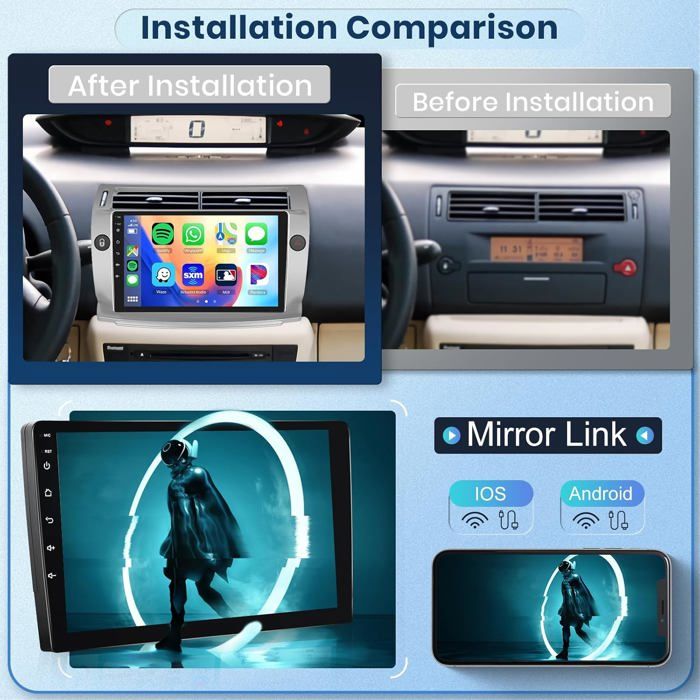 Autoradio Android 9" Carplay Sans Fil Pour Citroën C4 2004-2009 - 4G+64G, GPS, WiFi, Bluetooth, Caméra De Recul - 2 Din