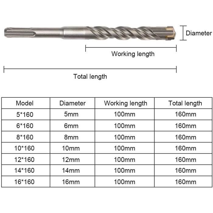 Dww-forets Bton, 9pcs (5 mm ~ 16x160 mm) foret carrelage, foret percussão  lectrique sds-plus pour perforateur, forets transversaux pour bton, briqu
