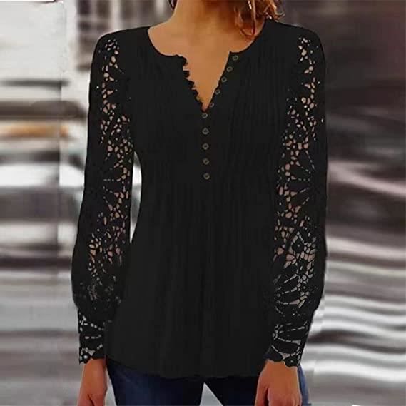 Femmes T-Shirt Chic Hauts À Manches Longues Dentelle Boutons Tunique T-Shirt  Elégante Mode Col V Shirt Tops Imprimé Automne - Achat / Vente Femmes T- Shirt Chic Hauts À Manches Longues Dentelle Boutons