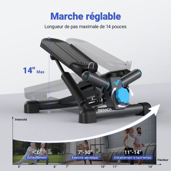 MERACH Stepper 2 En 1 Maison - Mini Swing Silencieux 150 Kg Avec Écran LCD Et Cordes De Puissance Pour Jambes Bras Fesses