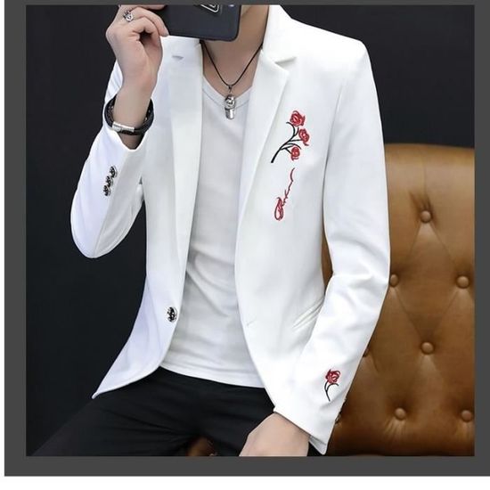 Veste homme costume Broderie costume blazer fleur Blanc