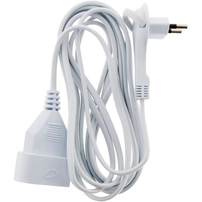 Rallonge électrique Velamp PRO10A-FR-2, 2 Mètres - Fiche Extra Plate 6A, Câble 2x0.75 Mm², Blanc - Certifiée NF - 4