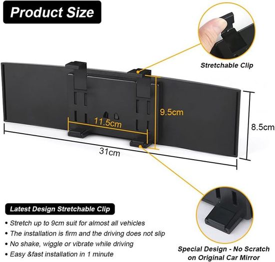 Rétroviseur Intérieur Universel 200x60 Mm – Ventouse Puissante, Réglable 360° – Pour Voiture, SUV, Camion