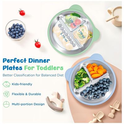 3PCS Assiettes En Acier Inoxydable Avec Ventouse Pour Bébé, 23 Cm Assiette Divisée Antidérapante, Incassable Assiettes Divisées Pour Enfant L'auto- Alimentation, Sans BPA, Compatible Lave-vaisselle