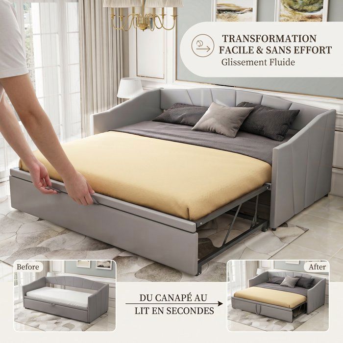 Canapé Lit 2 Places Convertible 90/180 X 200 Cm - Velours Doux - Sommier à Lattes - Sans Matelas - Beige/Gris