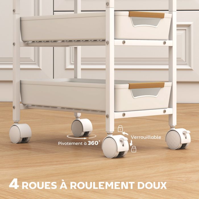 Chariot De Cuisine 4 Niveaux Avec Roulettes - Desserte Rangement Mobile - Plan De Travail Gris