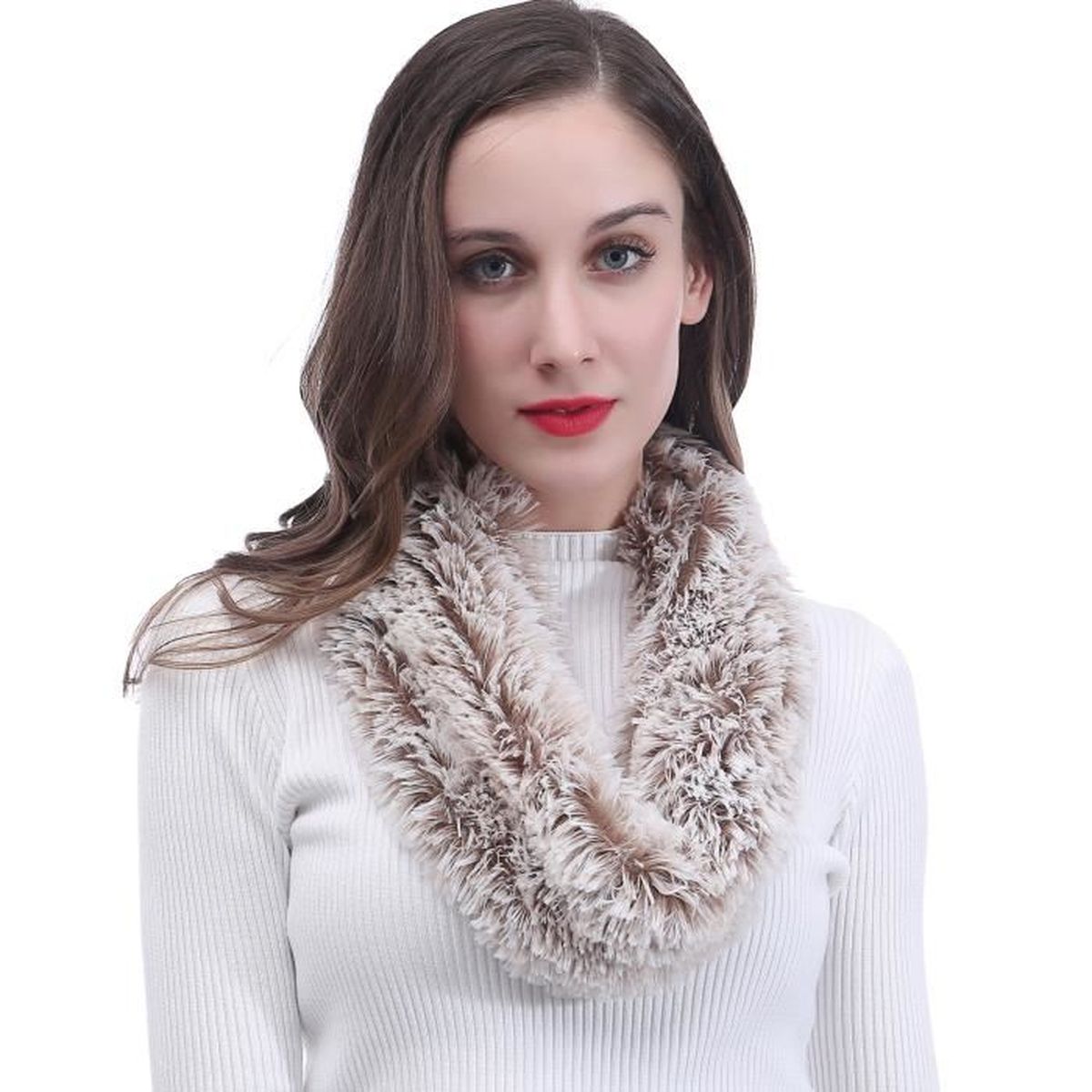 Écharpe Tube Snood pour Femme en Fourrure Synthétique-Blanc et Marron ...
