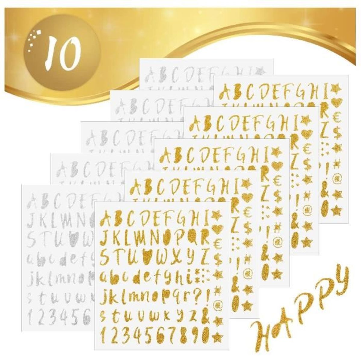 640 Autocollants Lettres à Paillettes - Alphabet, Chiffres, Symboles - Or - Pour Déco Boîte Aux Lettres, Scrapbooking