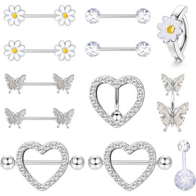 12Pcs Piercing Barbell Acier Chirurgical 14G - Pour Téton, Langue, Sourcil (Longueurs 12-18mm)