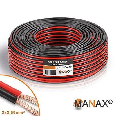 Câble Enceinte MANAX 2x2.50mm² 10m - Rouge/Noir Pour Audio Hi-Fi Et Home Cinéma