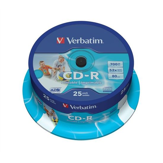 CD-R Verbatim 52x - Spindle de 25 imprimable Matt inkjet - 700 Mo - 80 Minutes