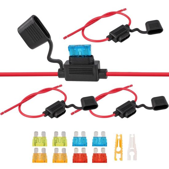 Lot 5 Porte-Fusibles Étanchés 12+16 AWG + 14 Fusibles Standard – Kit Auto Moto Marine 2A à 35A, Protection Circuit 12V