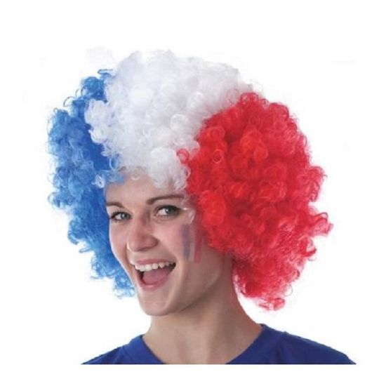 Perruque Afro aux Couleurs Bleu Blanc Rouge Accessoire de Supporter France pour Adultes et Ados FFF Foot Rugby Sport Les Bleus Tricolore Déguisement 14 Juillet Fête Nationale 