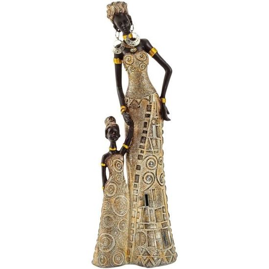 Figurine déco sculpture moderne femme africaine or - marron hauteur 31 cm