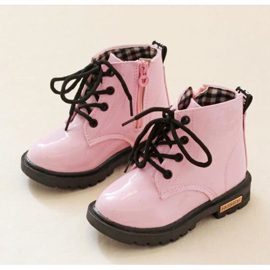 Bottes Enfants pour Filles Garçons Printemps Automne Cuir Verni Imperméables Chaudes en Peluche Rose