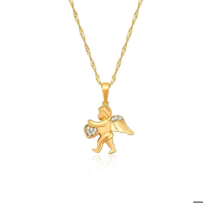 Collier Ange Avec Pendentif Coeur Et Cristal - Chaîne Plaquée Or Jaune 41-45 Cm - Bijouterie Papillon Bleu