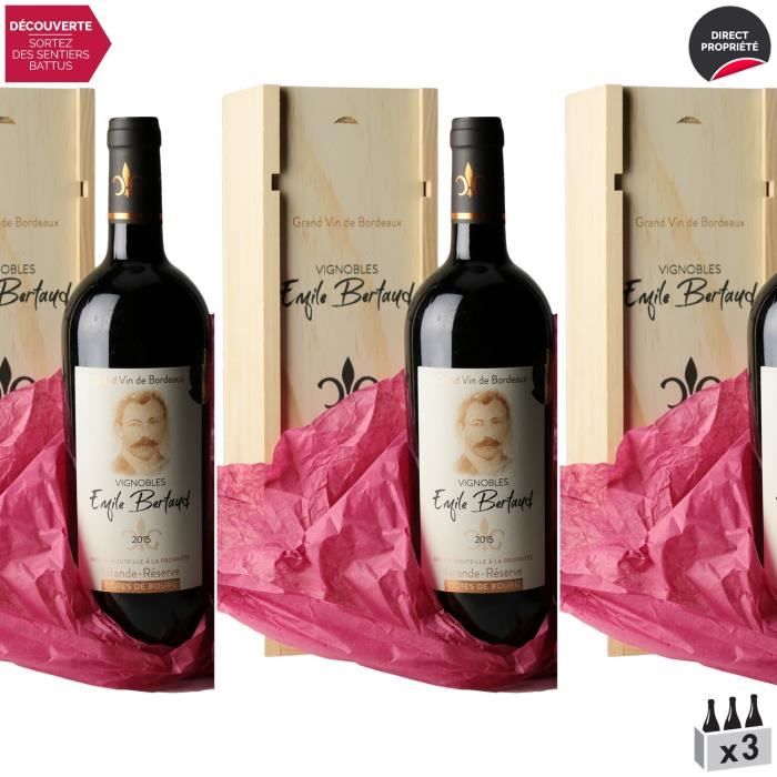 Grande Réserve Caisse Bois Rouge 2015 - Lot de 3x75cl - Vignobles Émile Bertaud - Vin Rouge de Bordeaux - Appellation AOC Côtes de B