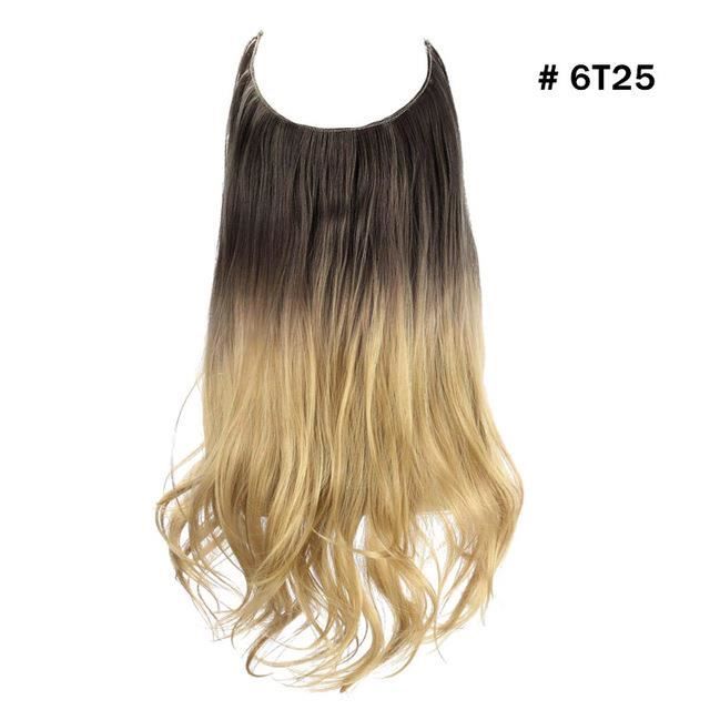 14-vague Halo Extensions de cheveux pas de pince en Ombre Blonde noir rose synthétique naturel caché Secret faux cheveux #6T25