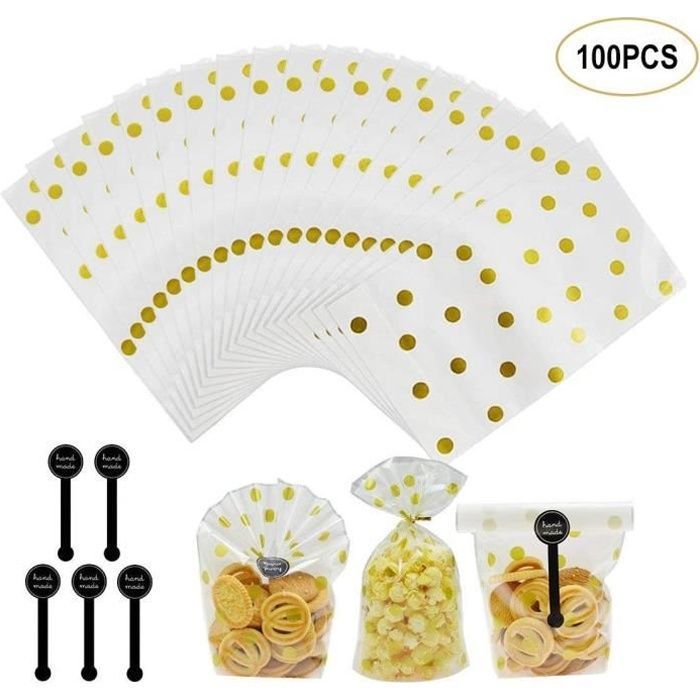 Lot de 100 Sachet pour Biscuit Sachets Biscuits Sachets Bonbons Sac Sachet Pochette de Biscuit avec Stickers,Sacs en Plastique Trans
