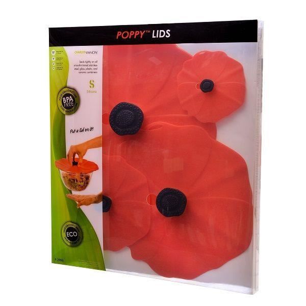 LOT DE 4 COUVERCLES HERMETIQUE EN SILICONE DECOR COQUELICOTS POPPY 10 - 15 - 23 - 28 CM- CHARLES VI