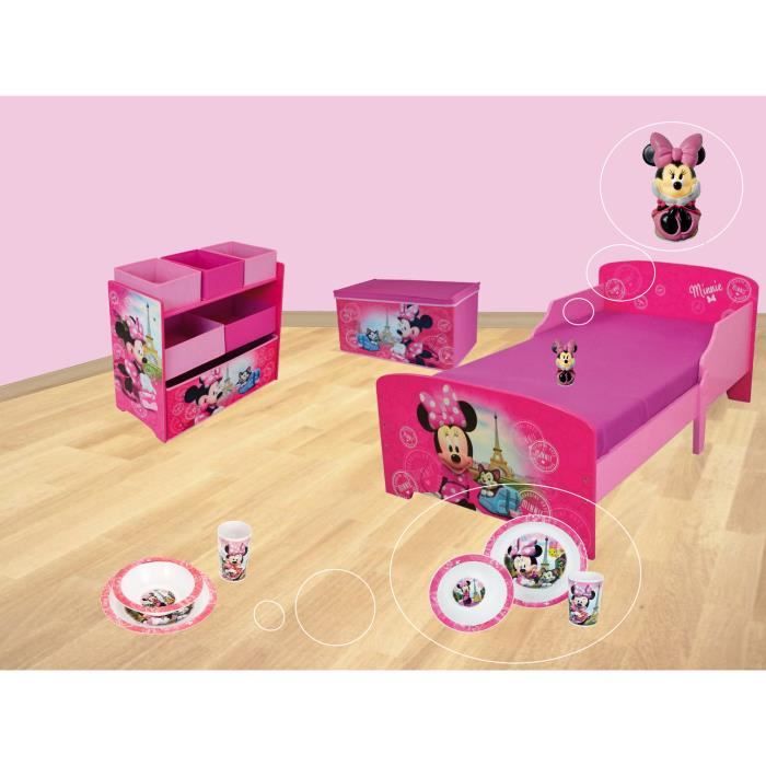 Chambre Minnie 5 éléments (Lit, Meuble de rangement 6 corbeilles, Coffre à jouet pliable, Veilleuse, Ensemble Repas)