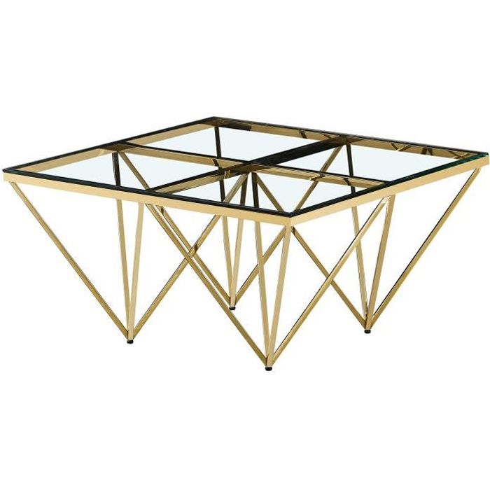 Table basse design carré en acier inoxydable poli doré et plateau en verre trempé transparent L. 80 x P. 80 x H. 42 cm collection
