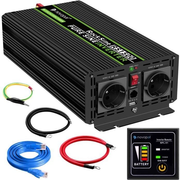 Convertisseur Pur Sinus 1500W-DC 12V à AC 220V-230V Onduleur-2 Prise Française de Courant Alternatif et 1 Port USB-télécommande a