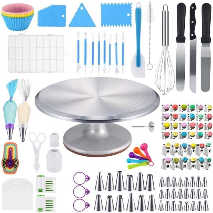 Kit de Pâtisserie 120 Pcs, Ustensiles à Pâtisserie Professionnel avec Plateau Tournant de Gâteau en Aluminium, Douilles Pâtisserie,