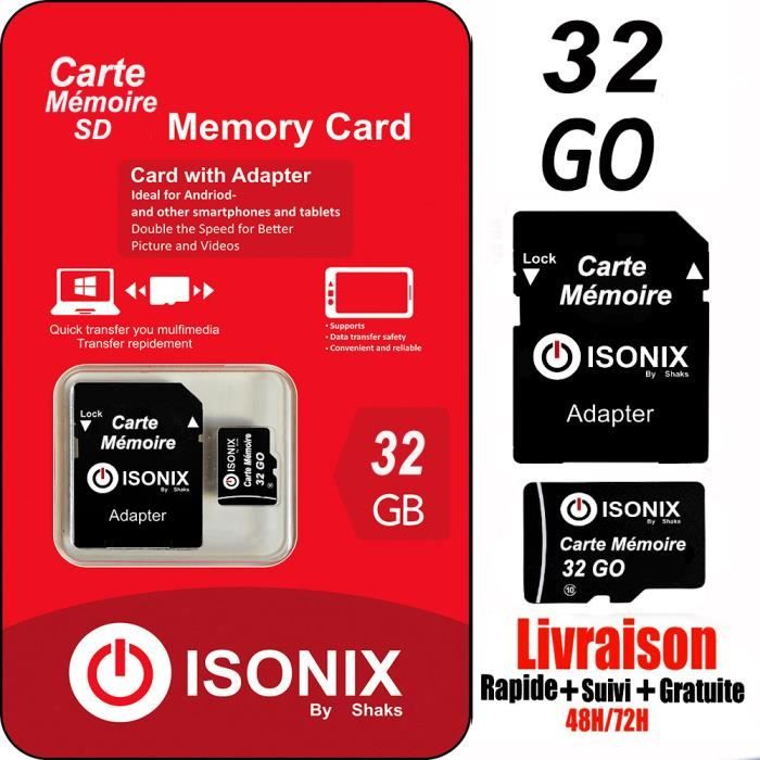ISONIX Carte Mémoire Micro sd 32 go SDHC/SDXC + Adaptateur 100% Réel Class 10