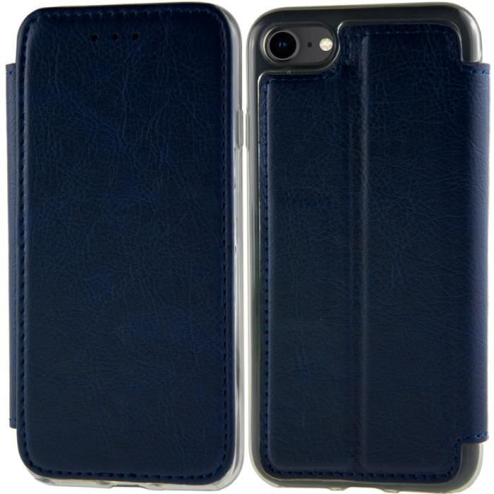 Coque iPhone 7/8 - Housse aspect cuir vieilli Porte CB Fonction support vidéo - Bleu - AVSCASE