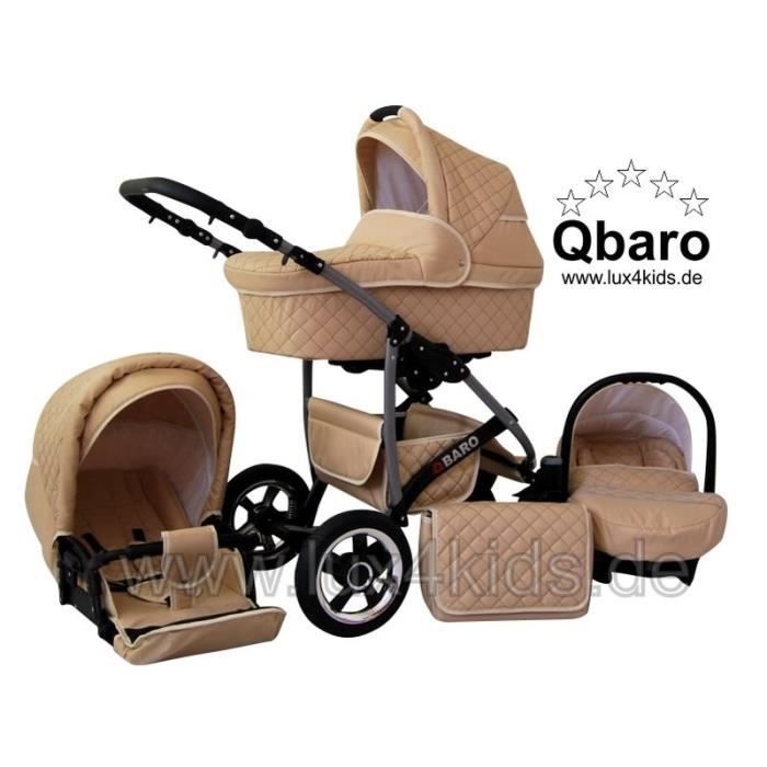 Q-baro 3 en 1 Poussette Combinée avec les roues pivotantes pneumatique Nacelle Siège Auto Poussette Canne Accessoires 03 crème