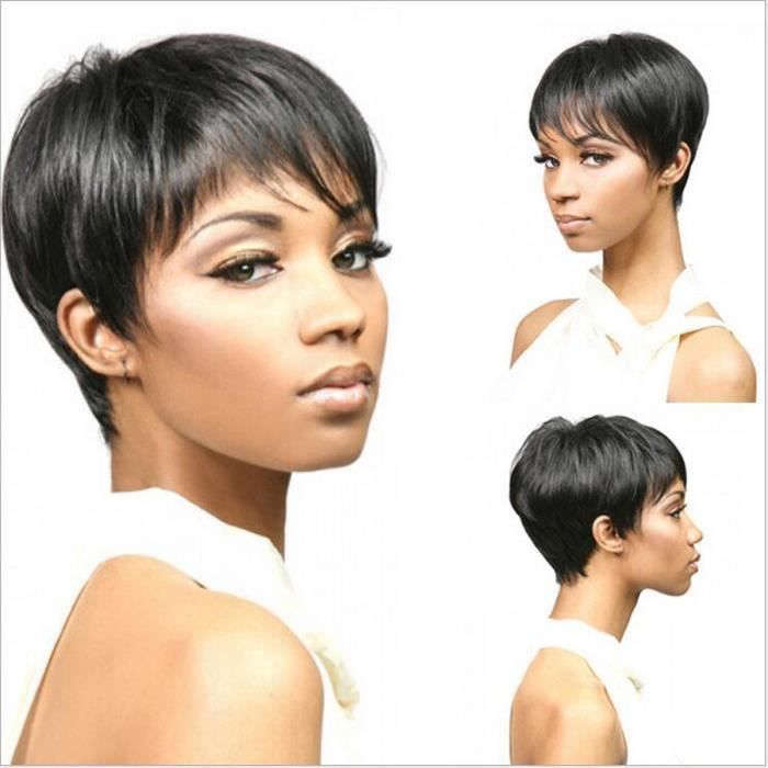 MCSAYS Fashion Perruque Cheveux Court Raide avec Frange Maquillage Femme Africaine Noir