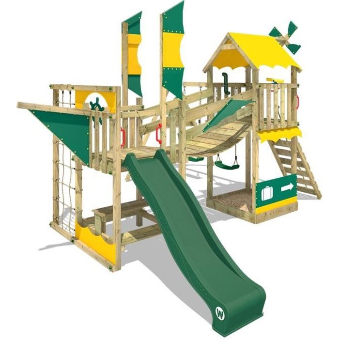 Aire de jeux WICKEY Smart Cruiser Portique en bois Tour d´escalade avec balançoire, toboggan et bac à sable
