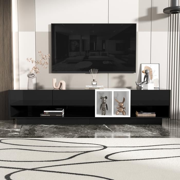 Meuble TV, Buffet Bas, Combinaison En Blanc Brillant Et Noir Design Color Block Tiroirs Compartiments Nombreux Rangements 97504384
