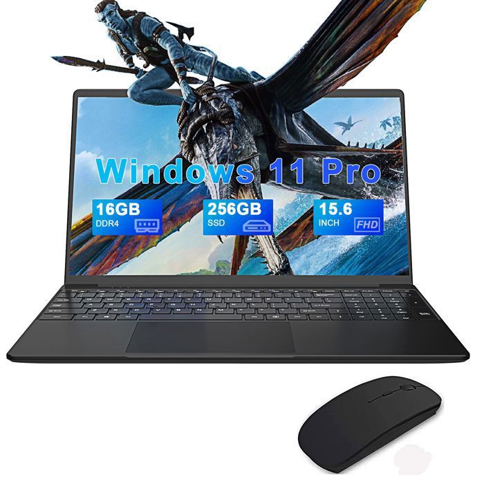 Ordinateur Portable 156 Pouces FHD 16 Go RAM 256 Go SSD Notebook Intel Celeron PC Portable Windows 11 PRO-souris-Noir-AZERTY