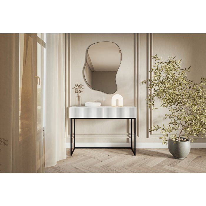 Coiffeuse avec tiroirs - VELDIO - 110 cm - blanc - avec pieds noirs