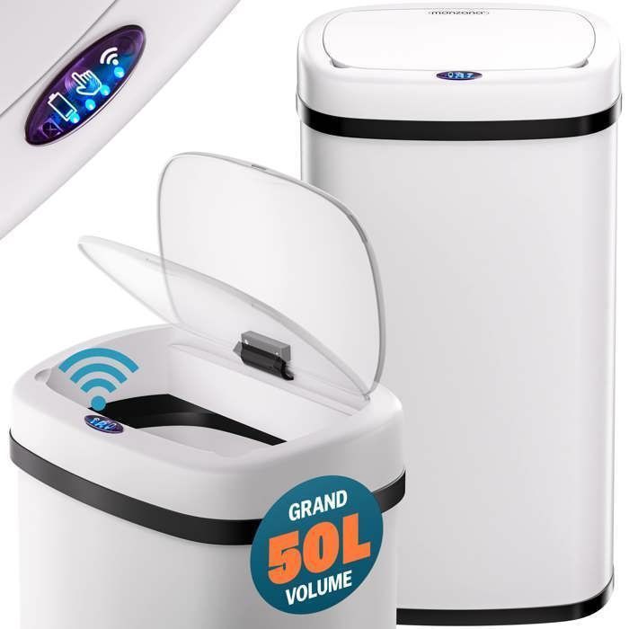 MONZANA® Poubelle automatique 50L acier inoxydable capteur mouvement couvercle câble USB affichage LED poubelle de cuisine blanc