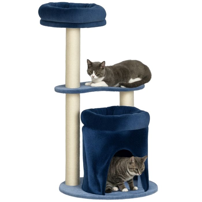 Comparer les prix de Arbre à chat design - niche, 2 plateformes, 2 coussins, griffoirs - peluche bleu roi