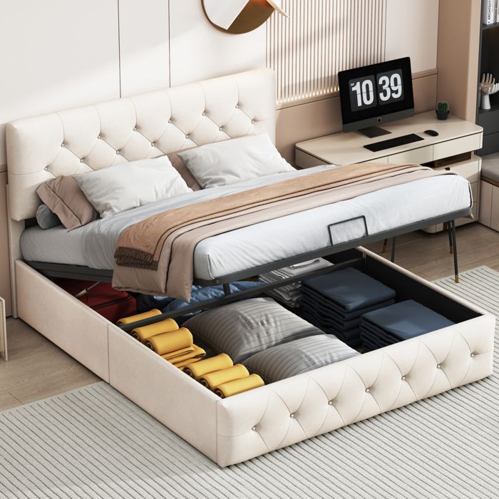 Lit Coffre 160x200 avec Sommier Lit Double avec Tête de lit réglable Lit Rembourré en velours Lit Adulte Lit de Rangement Beige