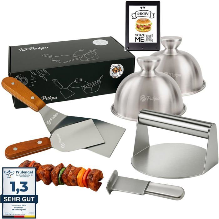 Accessoire Cuisine Burger Kit Smash Burger Professionnel - 6 Pièces - Presse Et Spatules Inox - Marron Plancha Krampouz
