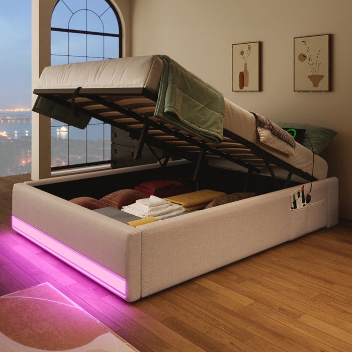 Lit coffre rembourré 90 x 200 cm - avec bande lumineuse LED - avec ports USB + Type-C - beige (matelas non inclus) Lit coffre rembourré 90 x 200 cm - avec bande lumineuse LED - avec ports USB + Type-C - beige (matelas non inclus)