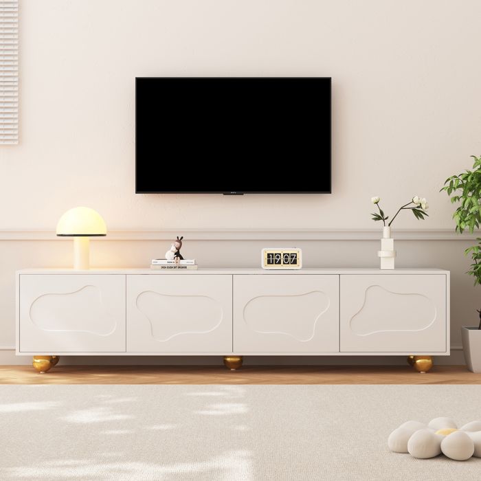 Meuble TV 180x40x45cm - 4 portes - 5 pieds en métal - pour téléviseurs 75 pouces - Blanc Meuble TV 180x40x45cm - 4 portes - 5 pieds en métal - pour téléviseurs 75 pouces - Blanc